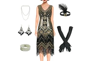 BONGZUO Women's 1920s Flapper Dress Vintage Lace Fringed Gatsby Cocktail Dress with 20s Accessories Set