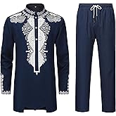 YND Men’s 2 Piece Set African Dashiki Outfit and Pants, Shirt with Gold Print