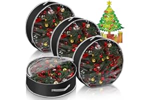 Aliceset 4 Pack Christmas Wreath Storage Container, Christmas Wreath Storages Bag with Clear Window and Handle, Upgrade Oxford Cloth Garland Box for Xmas Wrapping(24 x 24 x 7.8 Inch,Black)