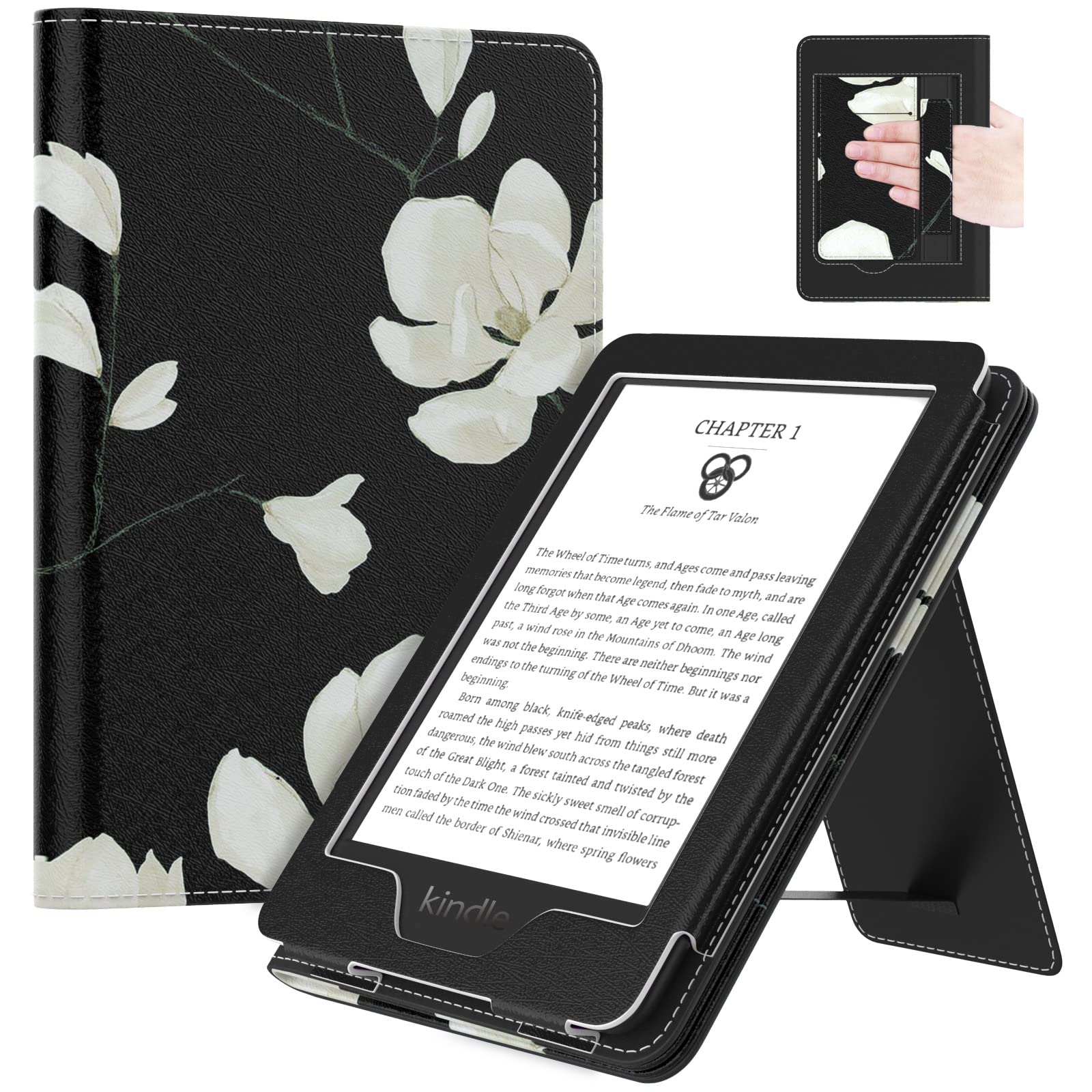 MoKo Case Fits 6" Kindle(11th Generation,2024/2022 Release)/Kindle(11th Gen,2019)/Kindle(8th Gen,2016),Ultra Lightweight PU Shell Cover with Auto Wake/Sleep for Kindle 2024,Black & White Magnolia