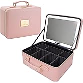 ZhenGuiRu Leather Makeup Bag with Lighted Mirror, 11.5'' Travel Makeup Organizer Bag with Adjustable 3 Colors Light and Dividers, Cosmetic Organizer Artist Storage Bag Pink