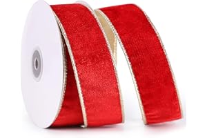 DINDOSAL Red Velvet Ribbon Wired 1.5" x 10 Yards Red Christmas Wired Ribbon with Gold Backside, Red and Gold Christmas Ribbon for Tree Decorations, Wreaths, Crafts, Home Decor, Gift Wrapping