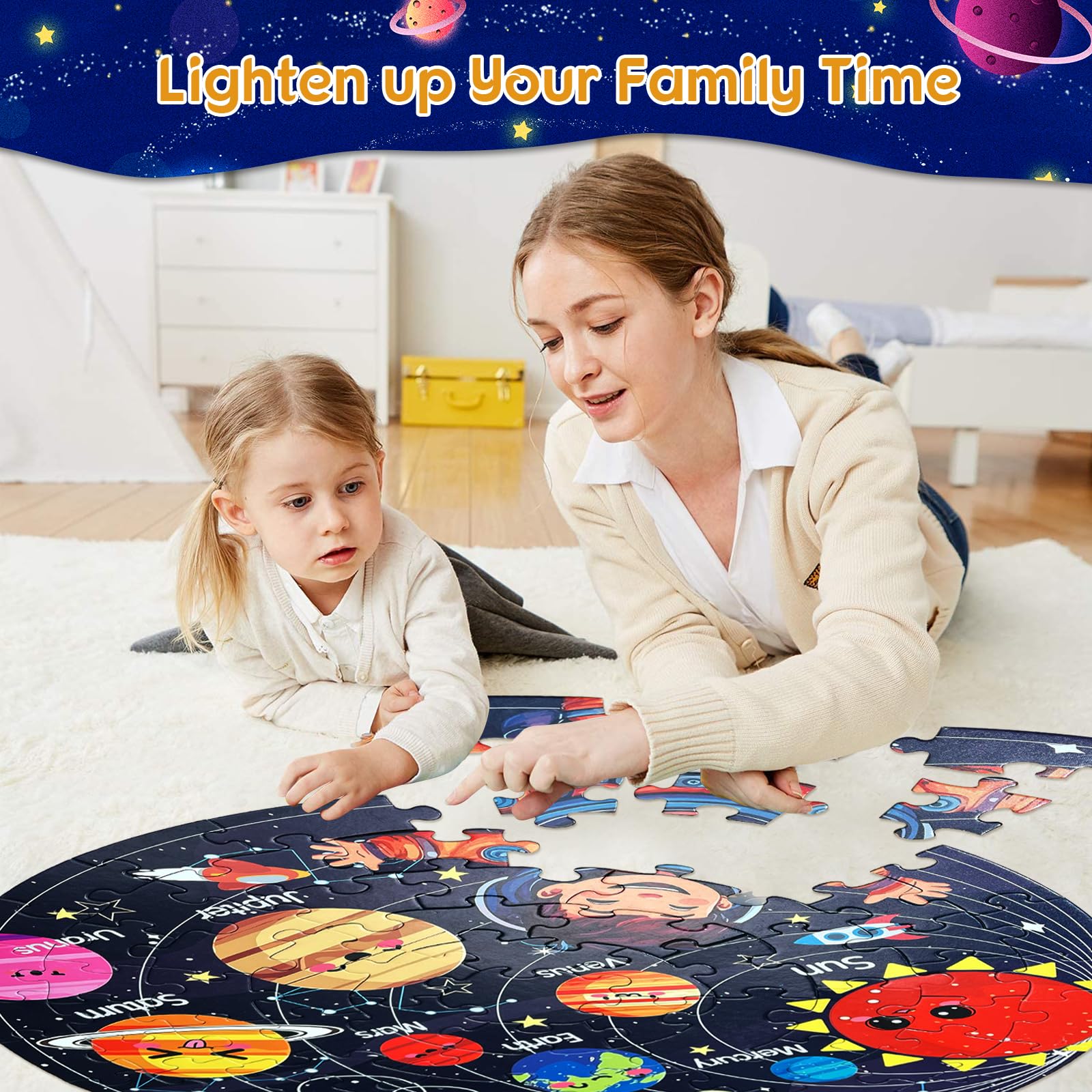 Puzzles for Kids Ages 4-6, 6-8, 3-5, Large 70 Piece Round Floor Jigsaw Puzzle Toys with Solar System Planets, Education Kids Puzzles Learning Gift