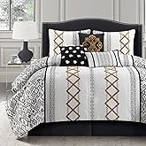 LANCO MODERN LIFESTYLE Black Gold California King Comforter Set, 7 Pieces All Season Bedding Sets in a Bag with Geometric Terry Embroidered Comforter, Bed Skirt, Pillow Shams and Decorative Pillows