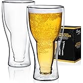 Dragon Glassware Beer Glasses - 13.5 oz Clear Double Wall Insulated Beer Glass Set of 2 - Upside Down Design - Holds One Full Bottle - Freezer Safe