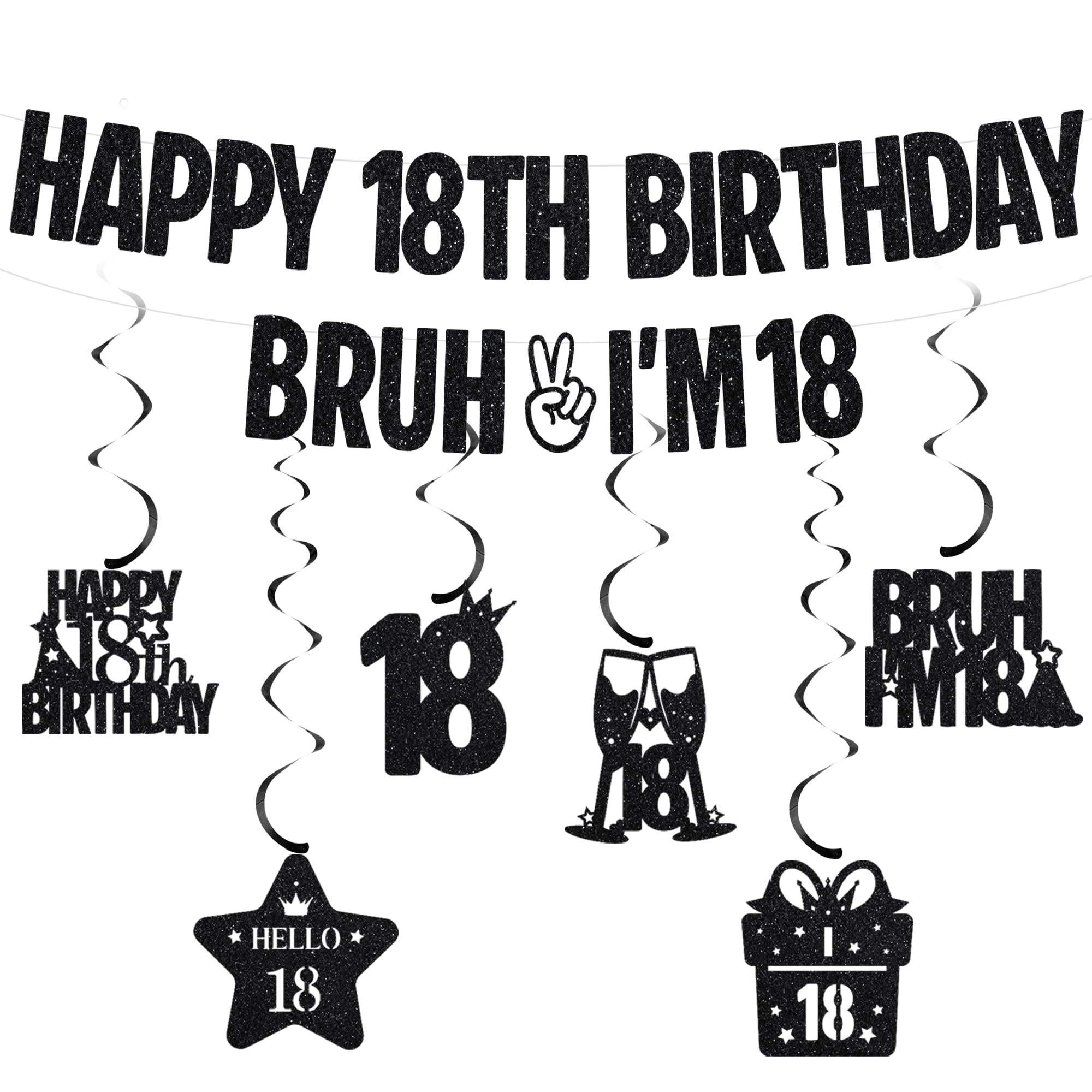 Happy 18th Birthday Banner Decorations - Glitter Bruh I’m 18 Banners with Hanging Swirls, Black Funny Birthday Party Supplies for Boys and Girls