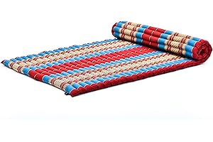 Leewadee - Foldable Floor Mattress - Japanese Roll Up Futon -Trifold Tatami Mat- Guest Floor Bed - Camping Mattress - Thai Massage Mat, Kapok Filled, 75 x 39 inches, Blue Red