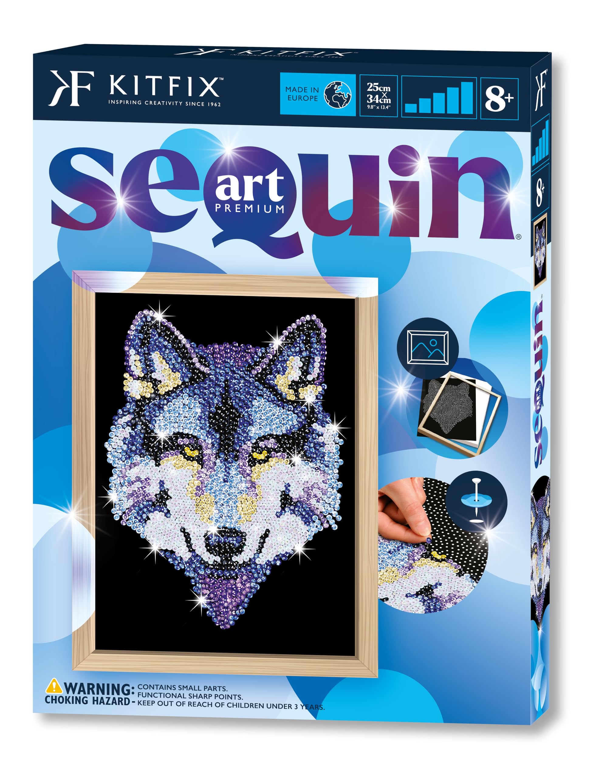 Kitfix - Sequin Art Wolf with Wooden Frame - 27 x 36cm - Sequin Art Blue Premium - Creative Set - Craft Kit for Adults, Teenagers and Children Aged 8+ - 1215