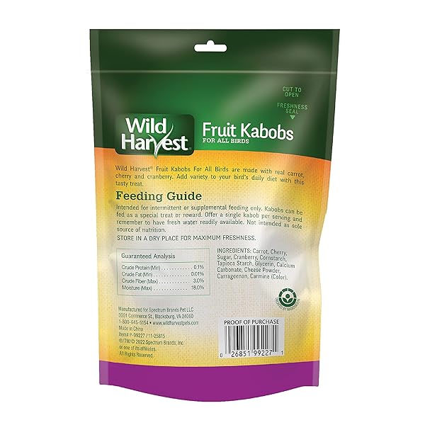 WILD HARVEST FRUIT KABOBS FOR ALL BIRDS, 6 COUNT, MADE WITH REAL CARROT, CHERRY AND CRANBERRY WITH EDIBLE SKEWER, 0.52 OUNCE (PACK OF 6)