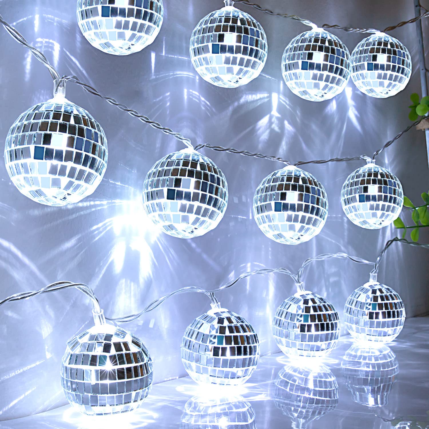 Photo 1 of AceList 20 LED 9.8Ft Disco Ball String Light - Battery Powered and USB Plug, Disco Ball Lights for 70's Disco Party Decorations and Birthday Parties, Mamma Mia (Silver)