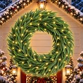 60 in Large Pre-lit Christmas Wreath with 200 LED Lights 8 Lighting Modes 296 PVC Tips Giant Norfolk Pine Artificial Christmas Wreath for Xmas Outdoor Indoor Home Front Door Garage Wall Window Decor