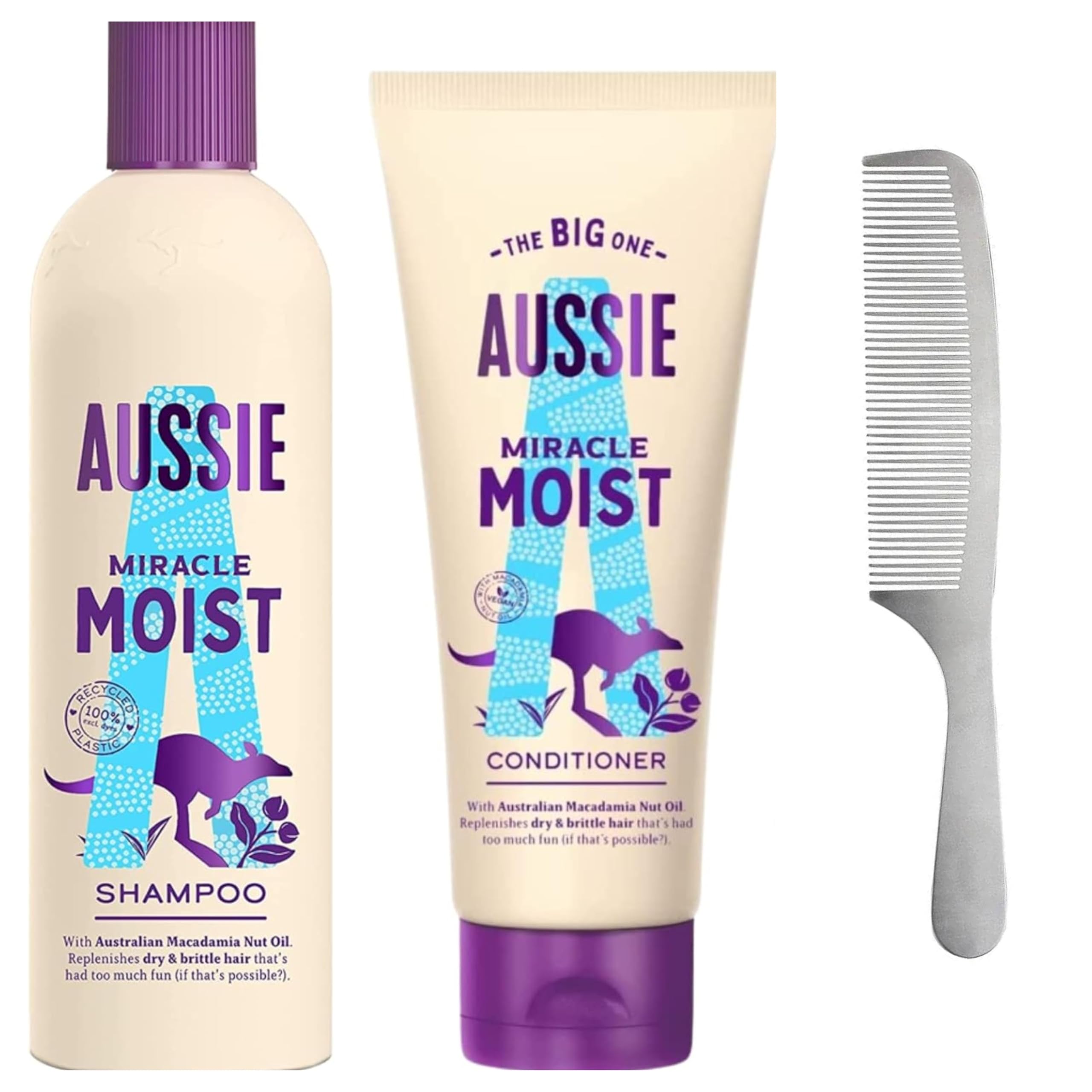 Aussie Miracle Moist Shampoo and Conditioner Set with Macadamia Nut Oil, For Dry and Brittle Hair, 2-Piece with Hair Comb
