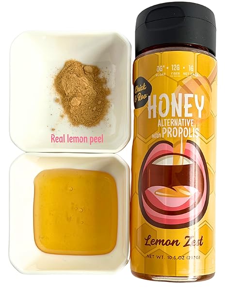 CHICK & ROO ZERO SUGAR HONEY SUBSTITUTE – CLASSIC FLAVOR: NATURALLY ENRICHED WITH HONEY & PROPOLIS, SUGAR FREE, PREBIOTIC FIBER, LOW CARB, NON-GMO, GLUTEN-FREE, (1 BOTTLE, 10.5 FL OZ) (LEMON ZEST)