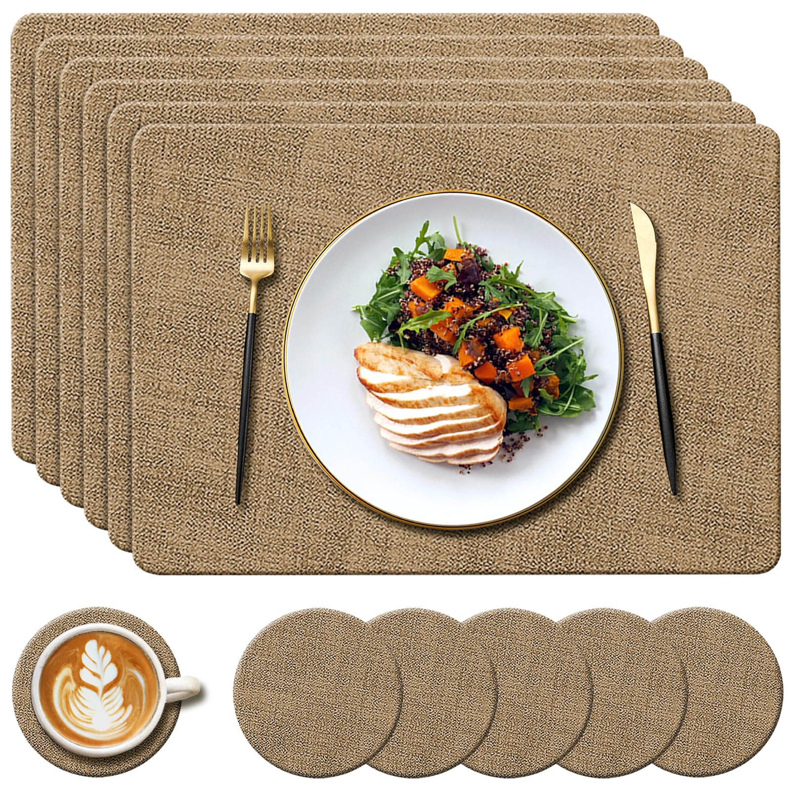 YUNJUER Leather Placemats and Coasters Set, Heat-Resistant 212°F, Non-Slip and Waterproof, Decoration Accessories for Kitchen, Restaurant, Indoor, Outdoor, Dining Table, 12 Pieces, 43x30cm, (Beige)