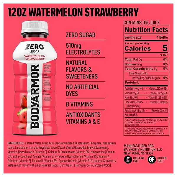 BODYARMOR ZERO SUGAR WATERMELON STRAWBERRY, SUGAR FREE SPORTS DRINK – LOW-CALORIE HYDRATION – NATURAL FLAVORS WITH POTASSIUM PACKED ELECTROLYTES, ANTIOXIDANTS, AND B-VITAMINS, 12 FL OZ (PACK OF 8)