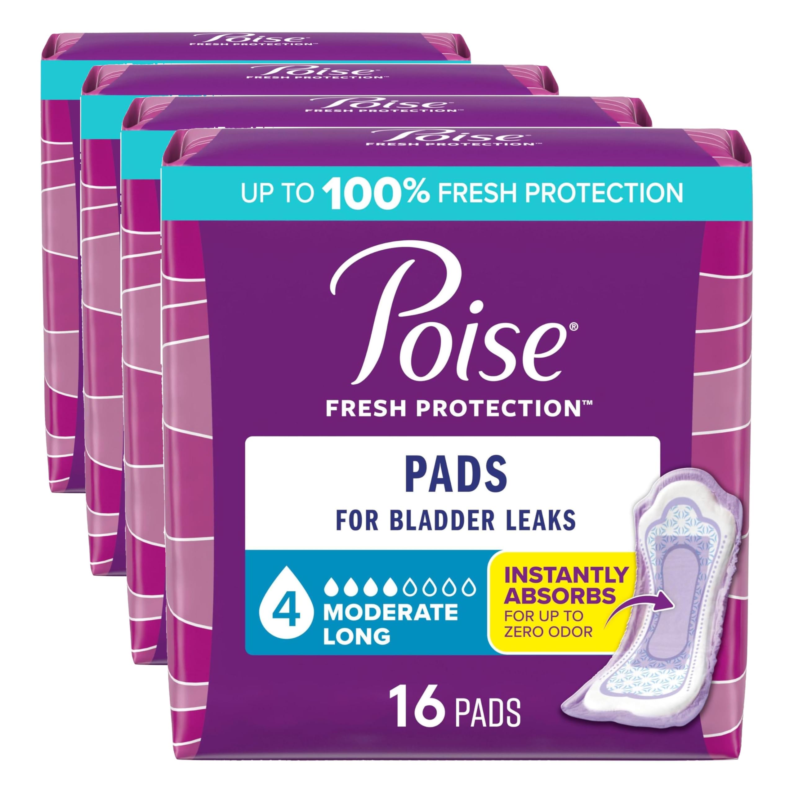 Poise Incontinence Pads & Postpartum Incontinence Pads, 4 Drop Moderate Absorbency, Long Length, 16 Count, Packaging (Pack of 4)
