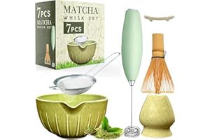 CUSHIO Matcha Whisk Set - (7-PIECE SET) Matcha Set Included Electric Matcha Whisk, Matcha Bowl with Spout, Bamboo Matcha Whisk, Matcha Whisk Holder, Matcha Sifter, Ceremony Gift Box