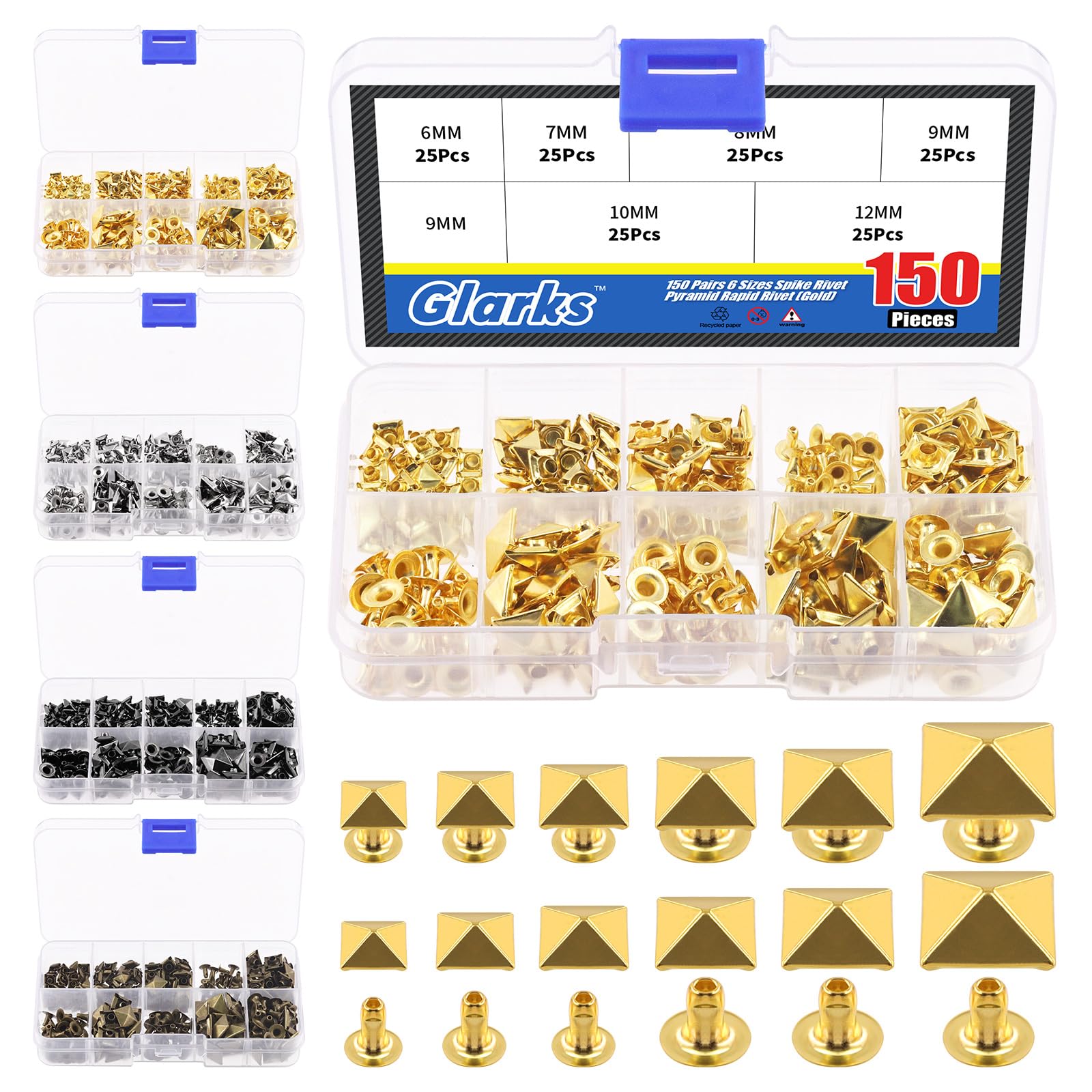 Glarks 150Pcs Gold Spike Rivet, 6mm 7mm 8mm 9mm 10mm 12mm Pyramid Rapid Rivet Studs Square Punk Spikes Leather Craft Decoration for Clothing Belts Bags Shoes