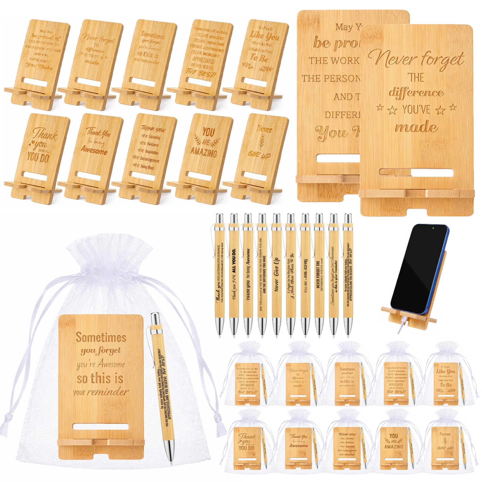 30 Pcs Employee Appreciation Gifts Bulk, 10 Wooden Phone Stands, 10 Motivational Pens with White Organza Bags, Thank You Gifts for Coworkers, Staff, Team, Volunteers, Nurses, Teachers, Office Desk