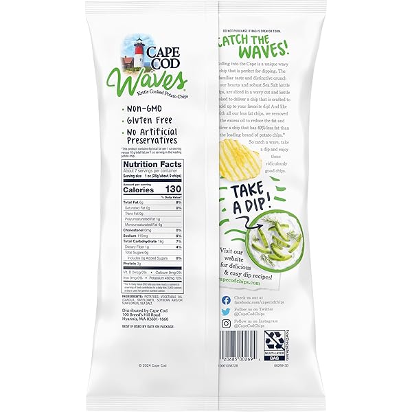 CAPE COD LESS FAT SEA SALT CHIPS, 7.5 OZ BAG
