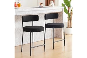 FURNILIVING Furnilivng 24'' Bar Stools Set of 2, Modern Boucle Counter Height Bar Stools with Curved Back and Black Metal Frame, Upholstered Kitchen Stools, Barstools for Kitchen Island, Bar, Dining Room, Black