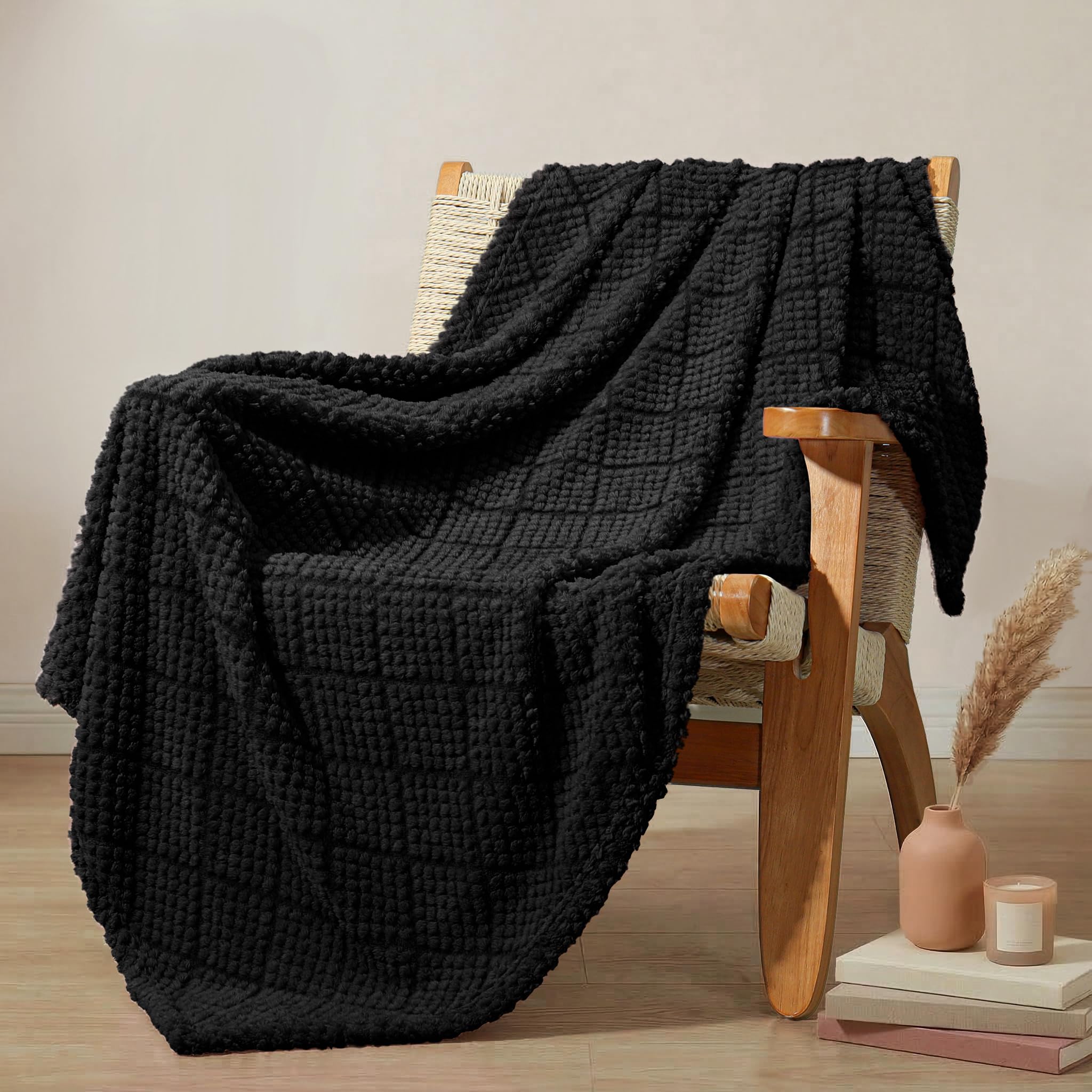 Whale Flotilla Fuzzy Fleece Throw Blanket for Sofa, Couch, Bed, 130x150 CM Soft Fluffy Jacquard Waffle Blankets for All Season, Lightweight and Warm, Black