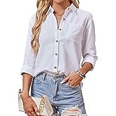 AXUIOKRY Cotton Button Down Shirts Women V Neck Long/Roll Up Sleeve Gauze Texture Casual Tops with Pocket