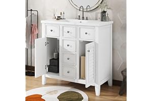 LUMISOL 36" Bathroom Vanity with Sink Top, Modern Bathroom Vanity with 5 Drawers and Soft-Closing Doors, Solid Wood Bathroom Vanity with Ceramic Countertop, White