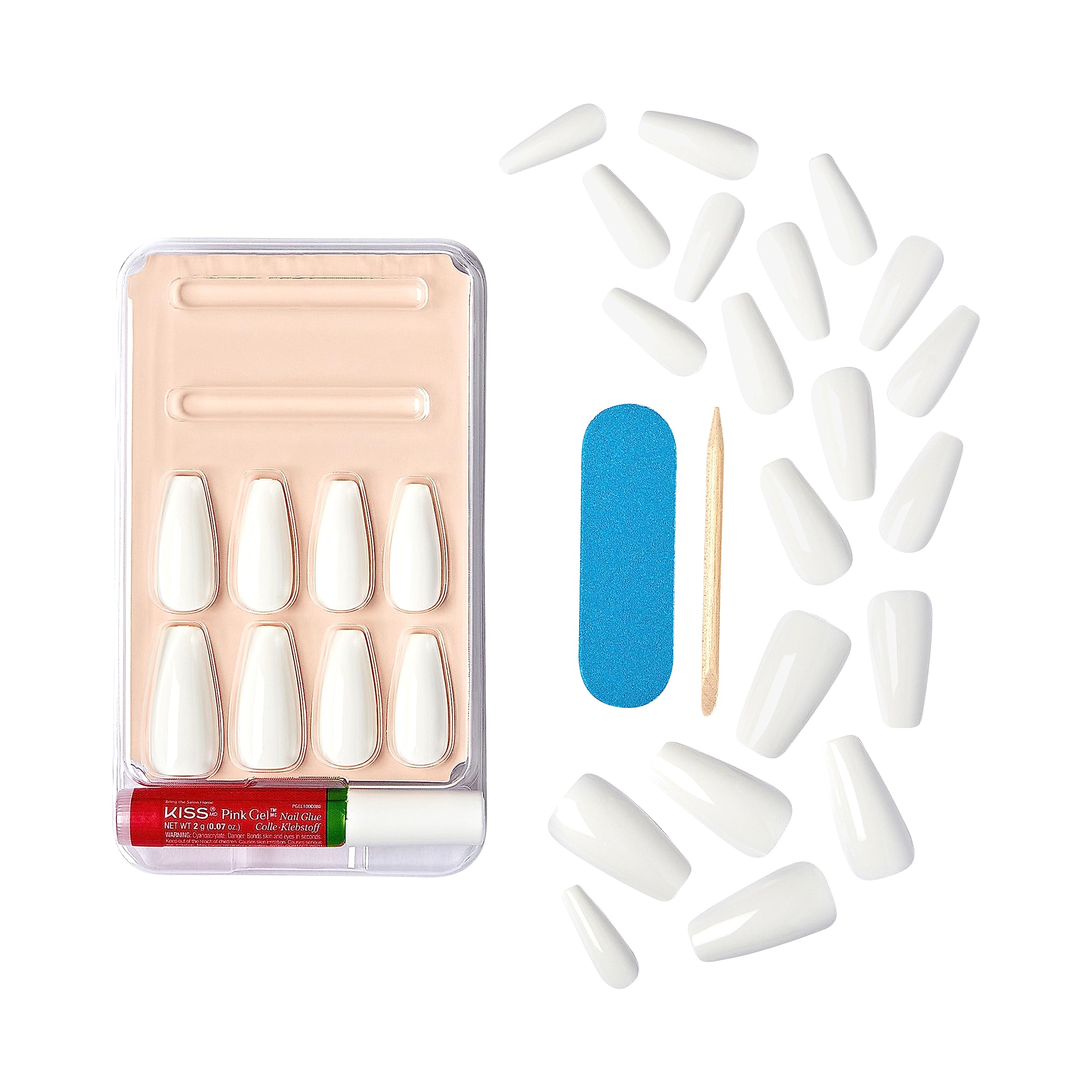 KISS Gel Fantasy Press On Nails, Nail glue included, 'True Color', White, Long Size, Coffin Shape, Includes 28 Nails, 2g glue, 1 Manicure Stick, 1 Mini File - Image 6