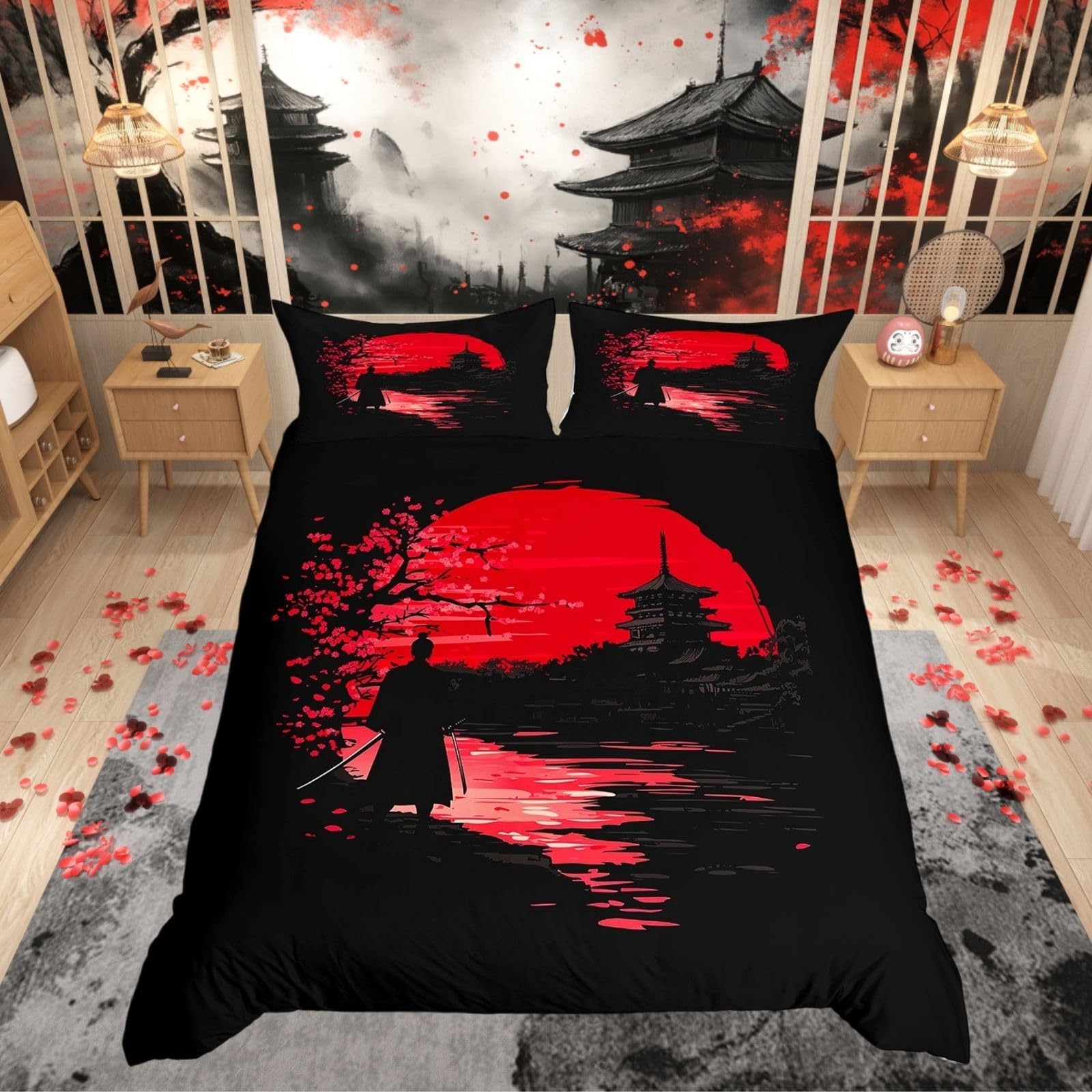 Homewish Samurai Bedding Set, Sunset Duvet Cover, Japanese Samurai Quilt Cover, Scenery Silhouette Comforter Cover, Room Decoration for Men (1 Duvet Cover with 2 Pillow Cases),Double Size, Multi 29 — image 1