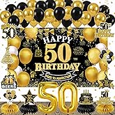Vicycaty 50th Birthday Decorations for Men and Women, Black Gold 50 Years Old Birthday Party Supplies Set with Fabric Banner Backdrop, Balloons, Hanging Swirls, Table Centerpieces, Photo Props Decor