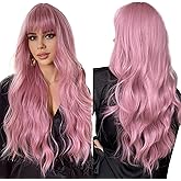Esmee 26 Inches Long Pink Wig with Bangs Natural Synthetic Hair Wavy Wigs for Women Daily Party Cosplay Wear