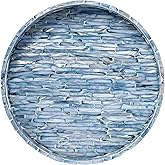 PEMAR 12.6” Mother of Pearls Lacquer Inlaid Round Serving Tray with Handles, Round Decorative Nacred Wooden Ottoman Coffee Table Tray (Blue Tiles)