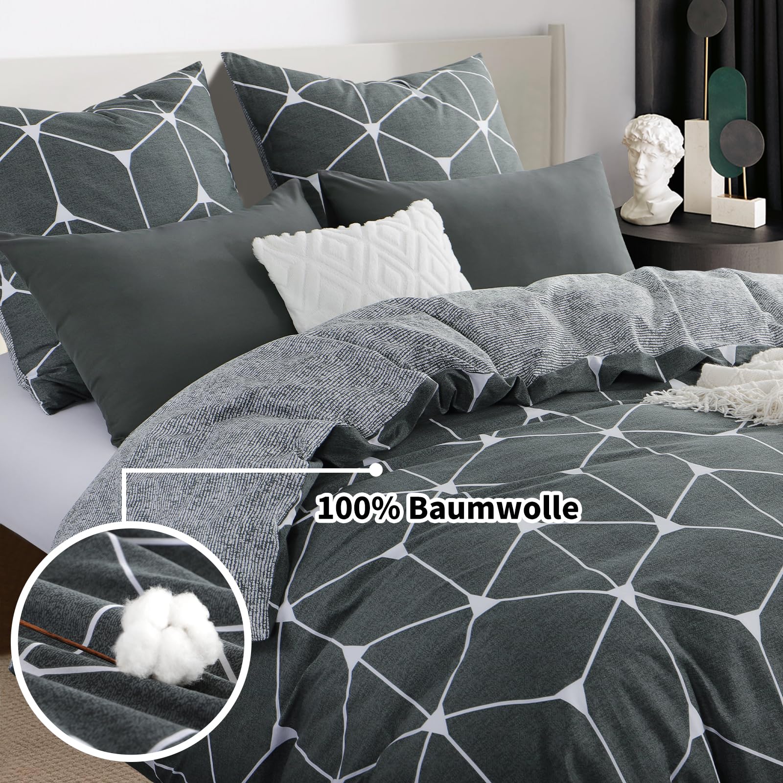 RUIKASI Bettwäsche 135x200 Baumwolle 4teilig Anthrazit - Baumwollbettwäsche 135 x 200 4tlg mit Geometrie Muster, Bettbezug Set 4 teilig Cotton mit Reißverschluss 3