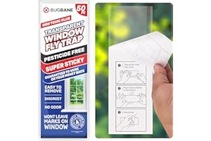 BUGBANE 50 Window Fly Traps Sticky Non-Toxic Clear Fly Paper Indoor for Home. No Mess Flies Window Sticky Traps Bug Flies Strips Indoors. Fruit and Housefly Trap Indoor Flypaper Tape Gnat Catcher Killer