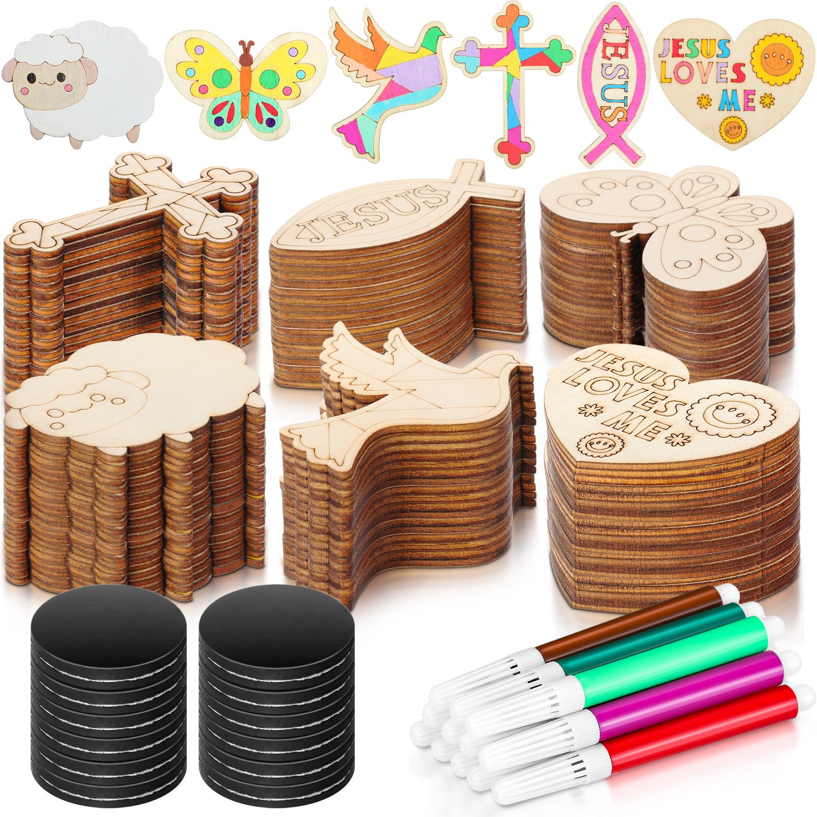 Blueweenly 24 Pack Jesus Wood Religious Craft Kit Magnets Vacation Bible Sunday School DIY Coloring Wooden Religious Crafts for Easter Christian Sunday School Art Party Decoration Gift