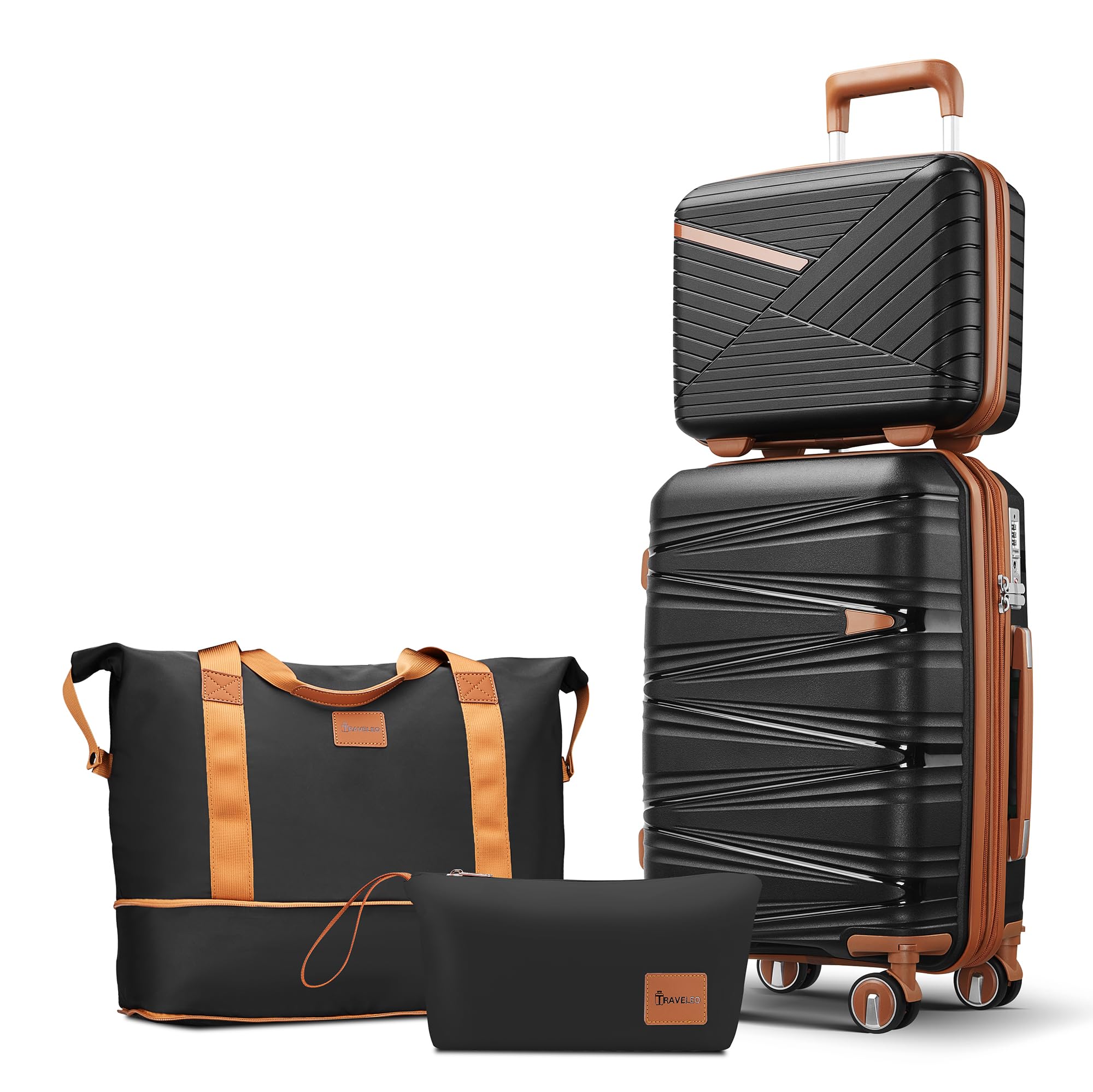 Photo 1 of ** BNEW COMPLETE SET** ** TRAVELEO 4 Piece Carry On Luggage Set 20 Inch, Expandable PP Hardshell Suitcase with Detachable Spinner Wheels & TSA Lock, Includes Cosmetic Case, Travel Tote & Toiletry Bag, Lightweight (Black)