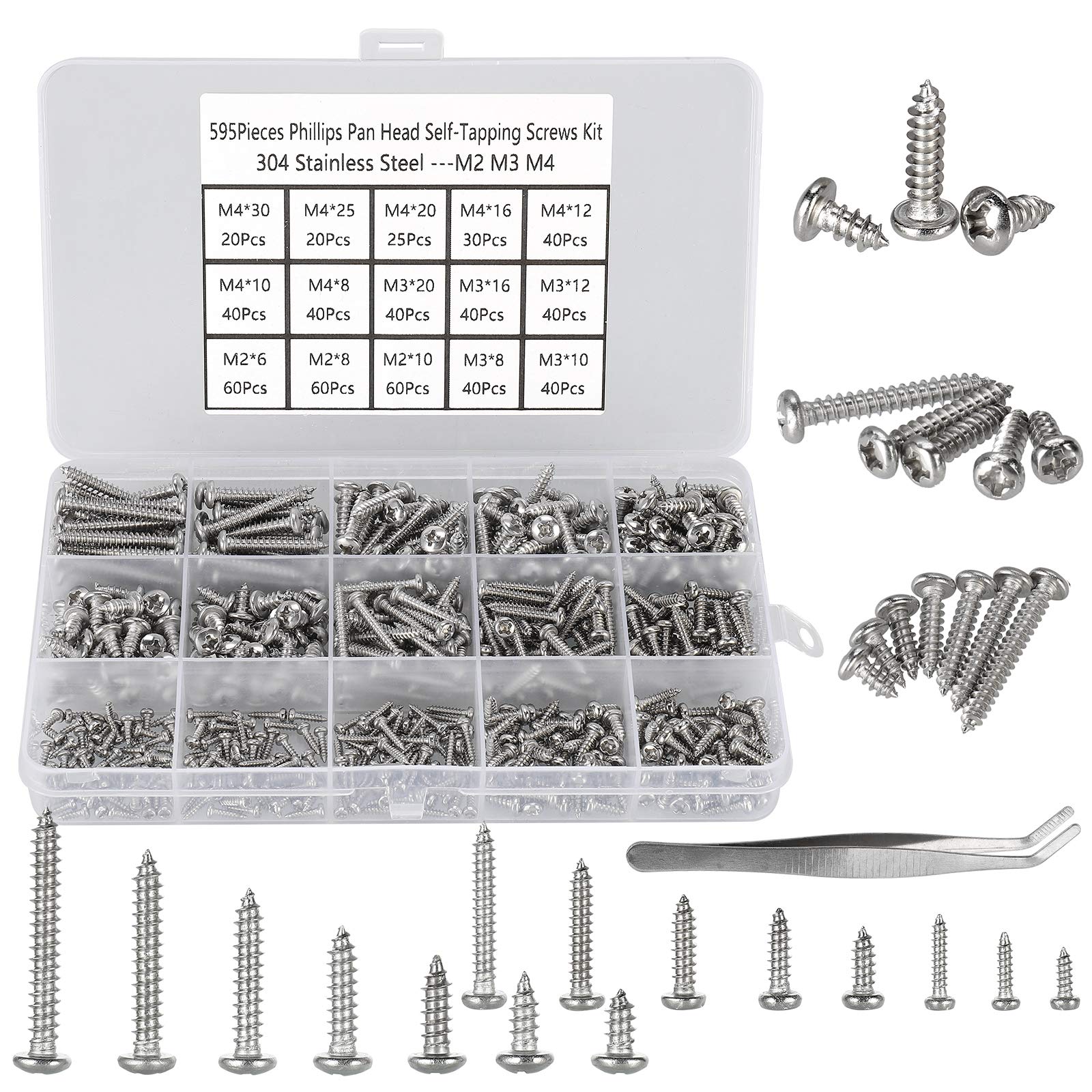 FandWay 595Pcs Self Tapping Screws 304 Stainless Steel,M2 M3 M4 Small Wood Screws Assortment,Pan Head Self Drilling Screw,Round Head Sheet Metal Screw Phillips Drive for DIY Wood Repairs.