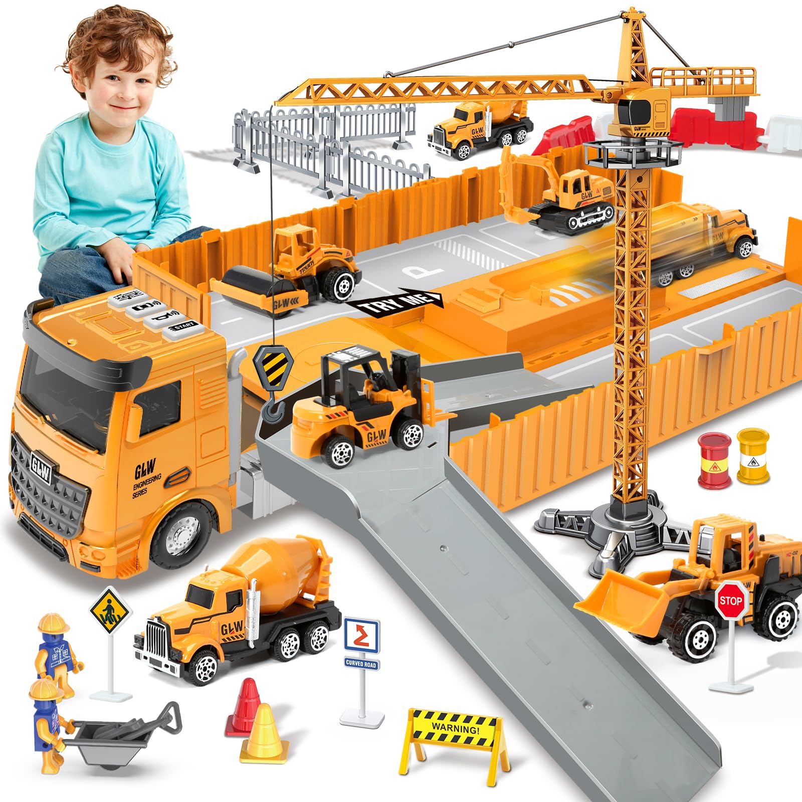 deAO Construction Truck Set with Cargo Truck with Bulldozer, Tractor, Forklift, Mixer, Excavator, Crane and Dumper- Great Gift