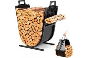 LATIHUUM Firewood Rack Outdoor and Indoor - 27 inch(H) x 20.5 inch(W) Rustproof Heavy Duty Firewood Storage with Kindling Hooks & Canvas Carrier, Sturdy Fireplace Log Holder Fireplace Decor Organizer