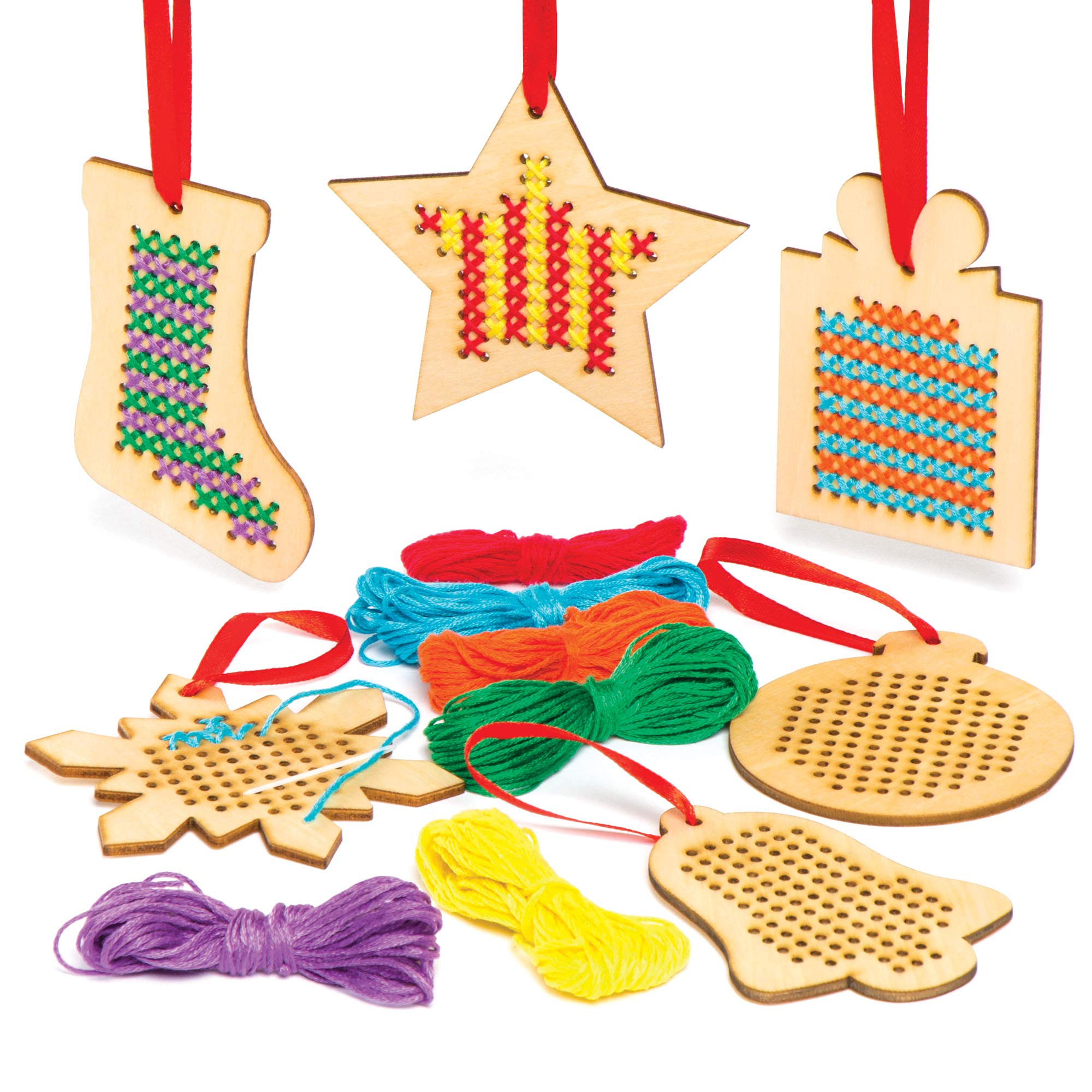 Baker Ross AC505 Christmas Wooden Decoration Cross Stitch Kits (Pack of 6), Assorted