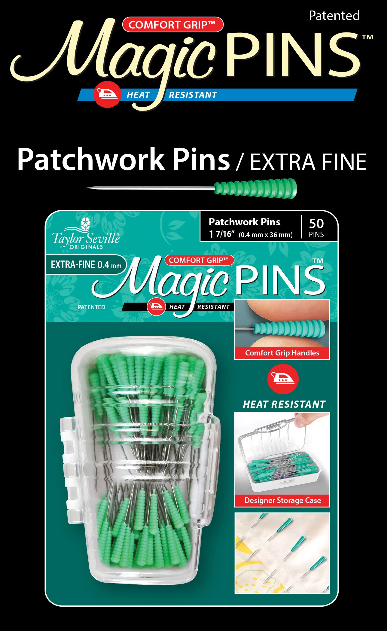 Taylor Seville Originals - Taylor Seville Originals Comfort Grip Heat Resistant Extra Fine (0.4 x 36mm) Patchwork Magic Pins - 50 Pieces, Green