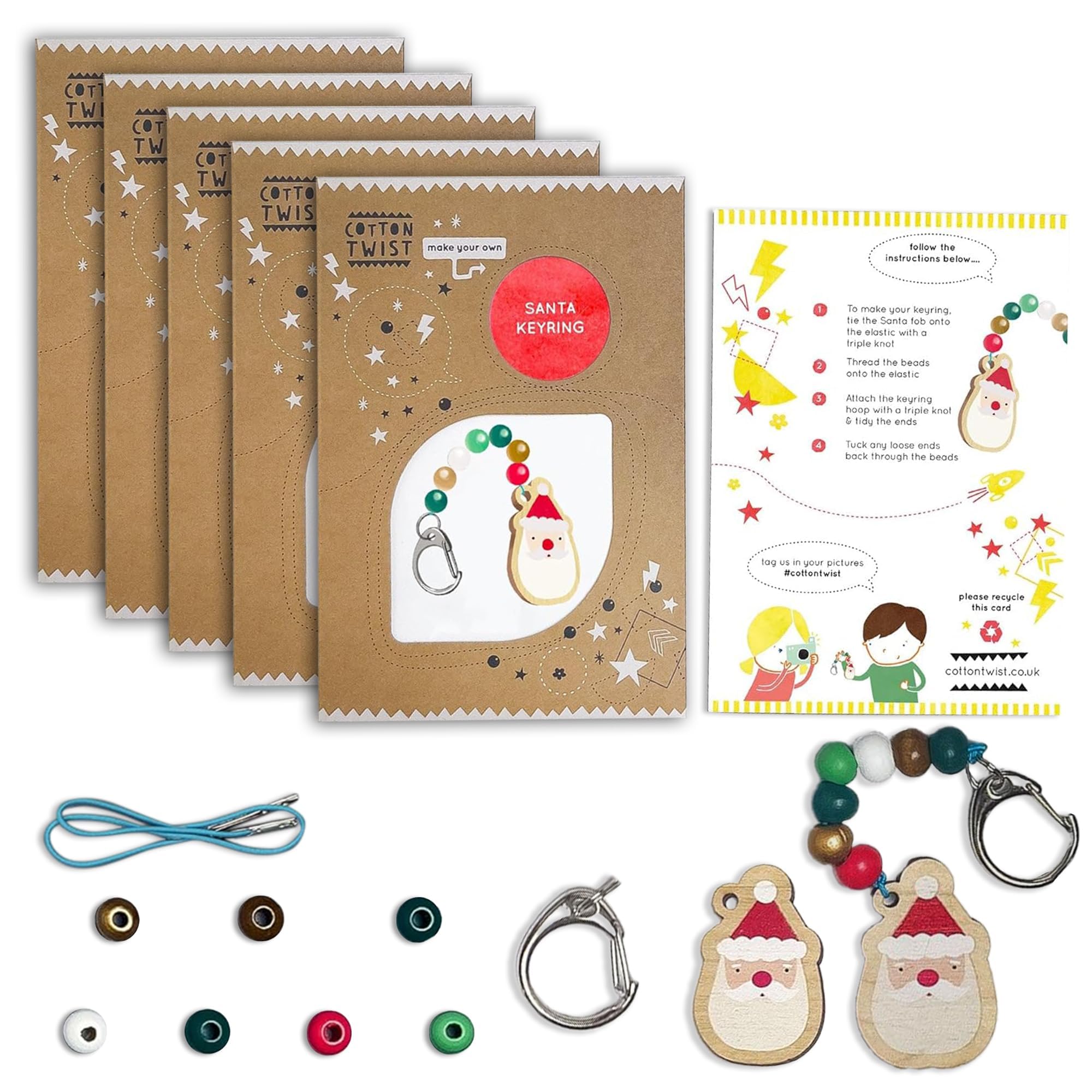 COTTON TWIST Kids Make Your Own Santa Claus Craft Kit, Children Festive Keyring Making Set, Creative Wooden Toys for Boys and Girls, Eco Friendly, Plastic Free - Pack of 5-3 Years+