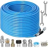 100 FT Sewer Jetter Kit for Pressure Washer, 5800PSI Water Jet Drain Cleaner Hose, 1/4 Inch NPT Corner with 4 Sewer Jetting Nozzles, Pearl Corsage Pin, Waterproof Tape, Handle Strap&2 Spanner (Blue)