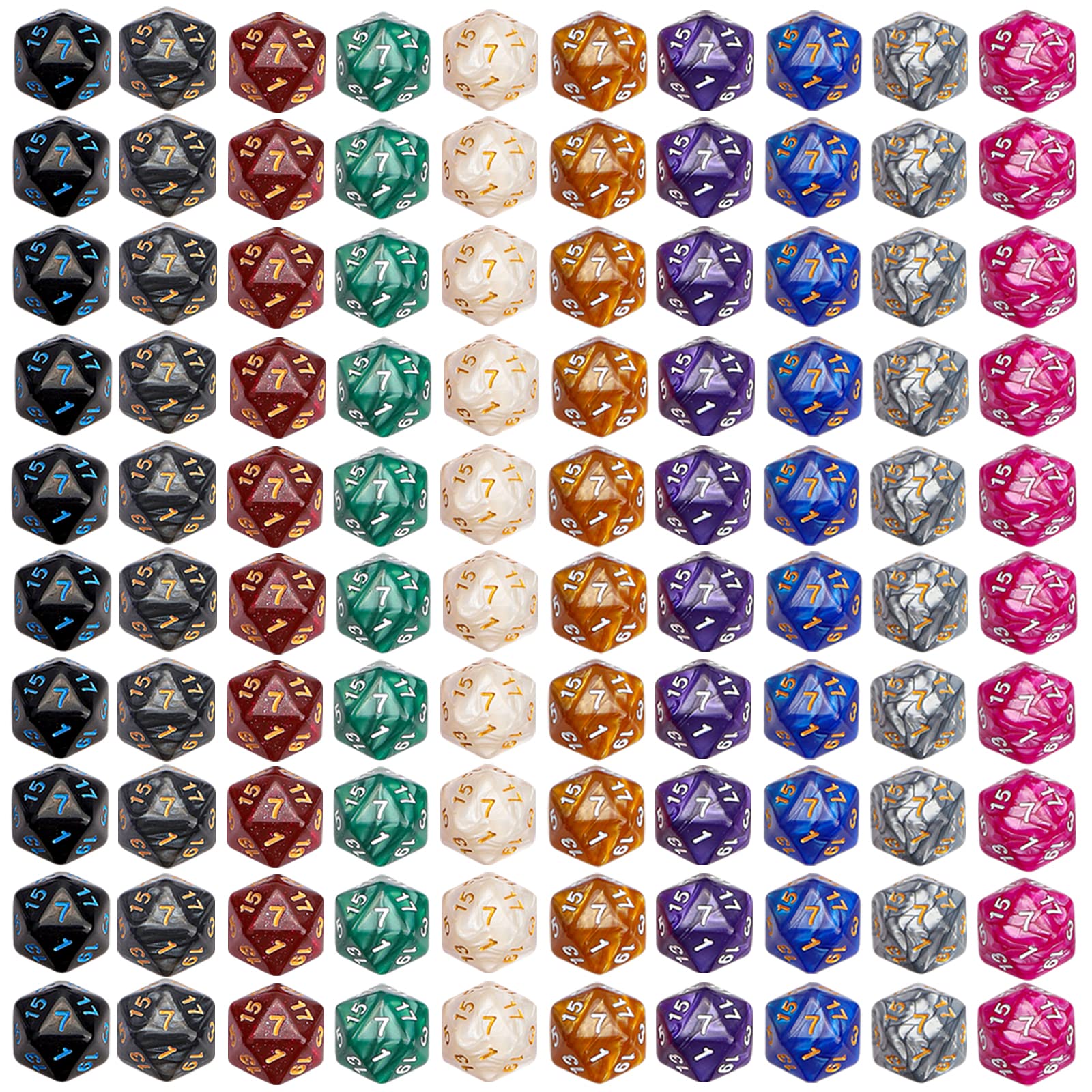 CiaraQ DND Polyhedral Dice (100pcs) with A Dice Bag Compatible with Dungeons and Dragons DND RPG MTG Role Playing Table Games (D20 dice, 10 colors-100 pcs)