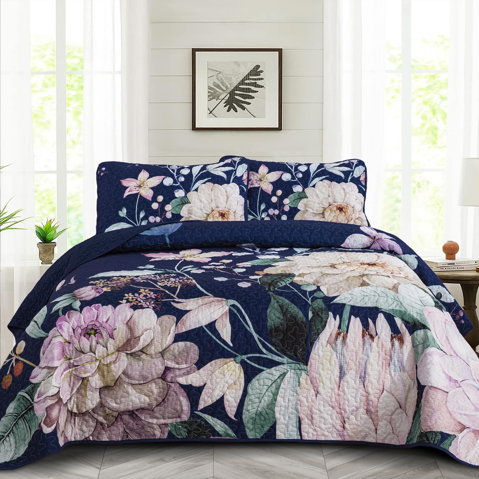 Drucon Floral Quilt Queen Size - 3 Pieces Navy Blue Quilt Botanical Bedspread Soft Lightweight Flower Bedding Set for All Season (96"x90") Image