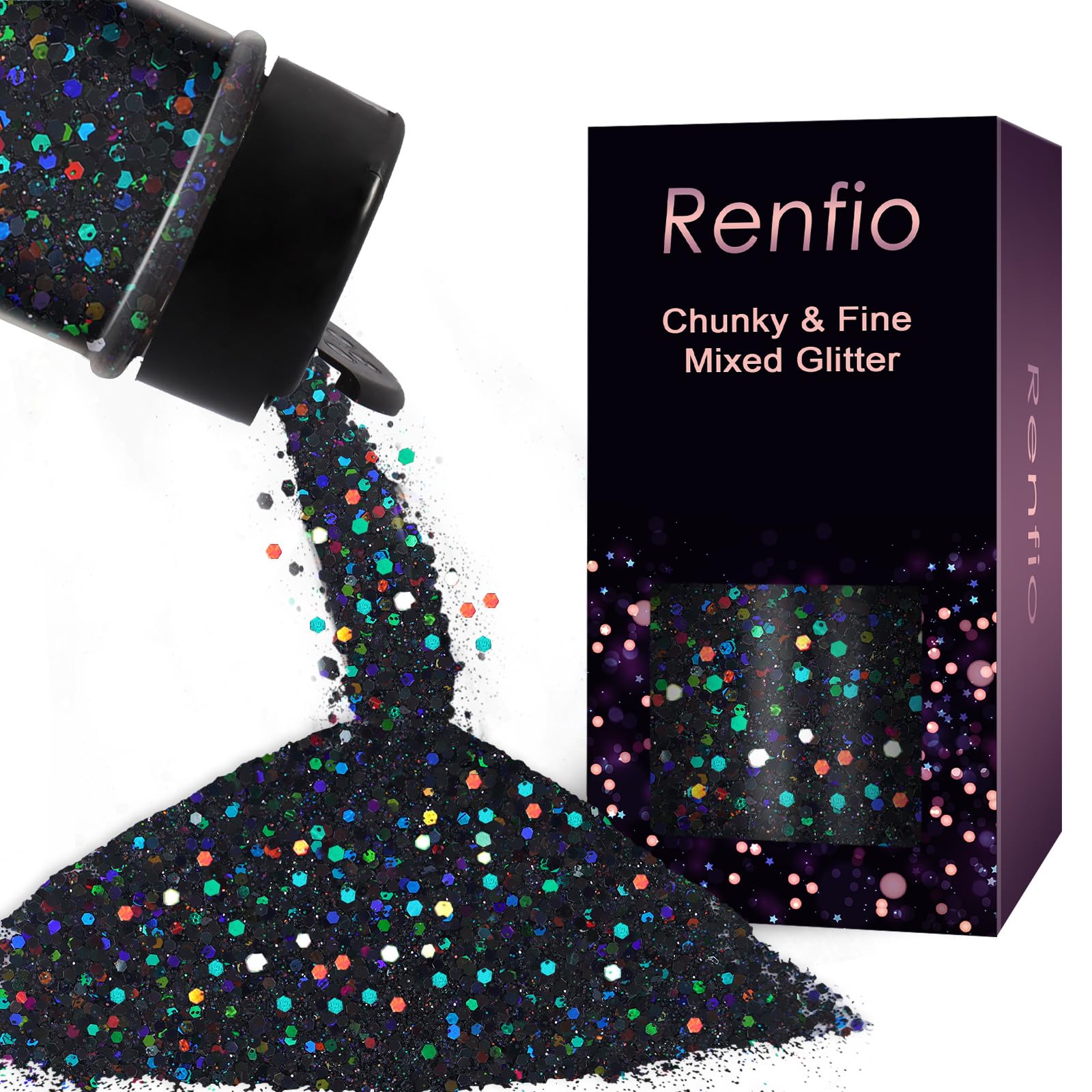 Renfio Holographic Glitter Mix - 2.11oz/60g Medium Size Chunky & Ultra Fine Black Glitter Sequins for Nail Art, Tumblers, Slime & Resin