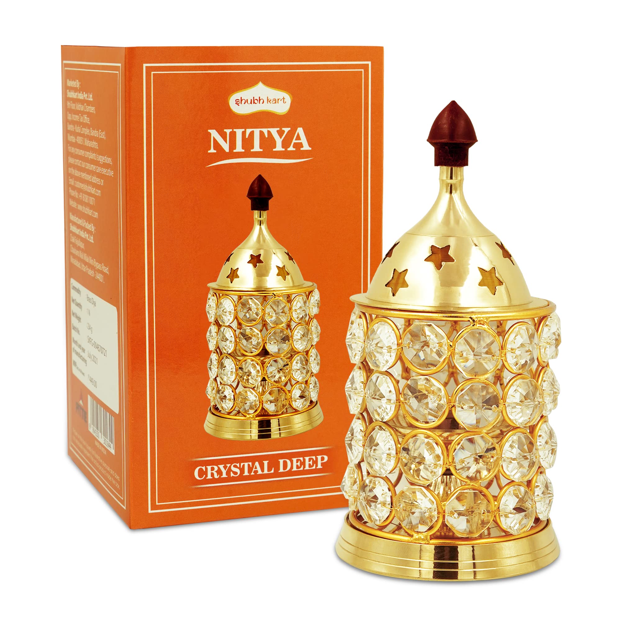 Shubhkart Crystal Akhand Diya Oil Lamp, Decorative Brass Diya for Puja, Home Decor, Positive Atmosphere and Festive Gifting