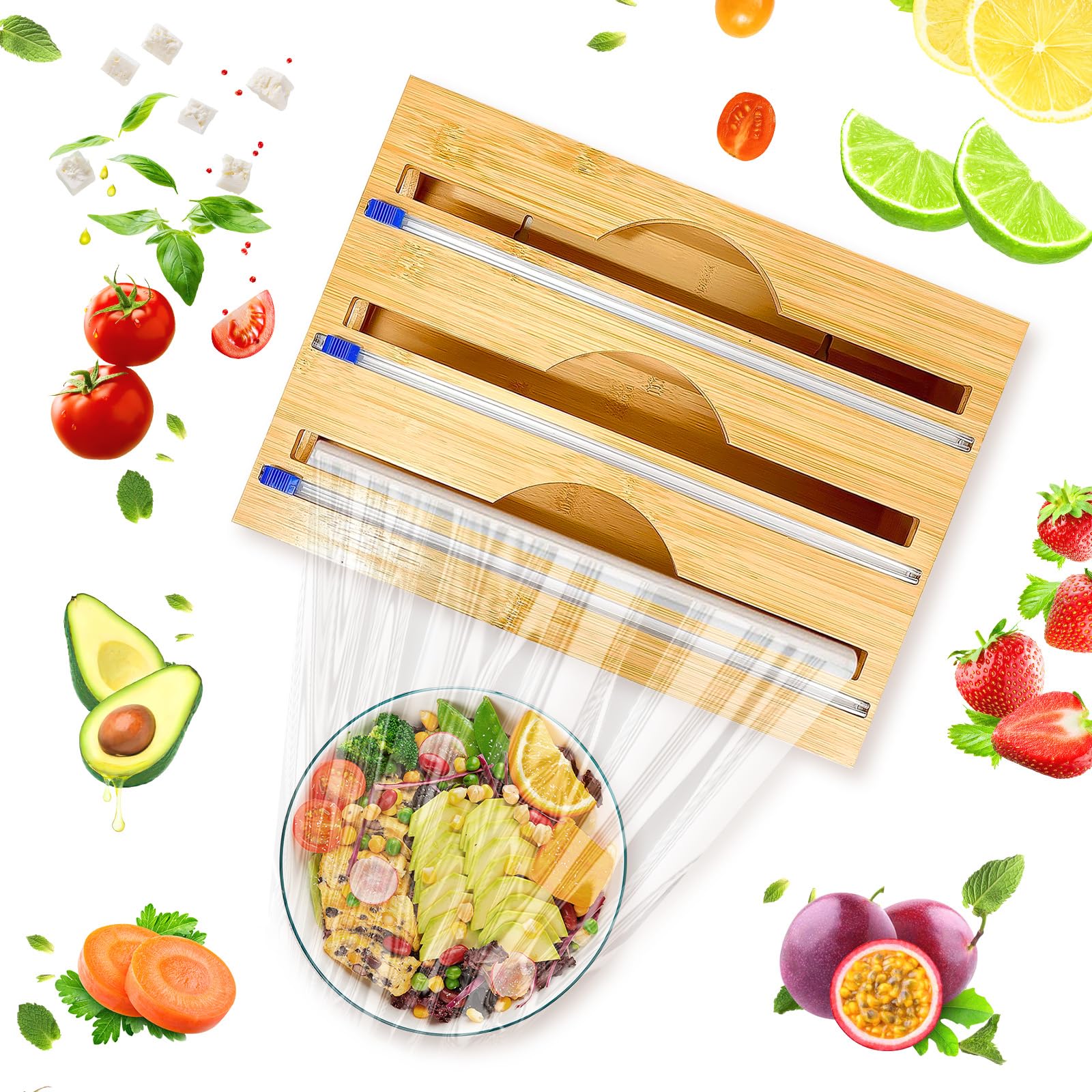 3-in-1 Bamboo Wooden Foil Dispenser with Cutter, Storage Organizer for Aluminum Foil, Cling Film, Parchment Paper, Tin Foil Dispenser for Kitchen Cabinet Drawer, Compatible with 12" or Lower Roll