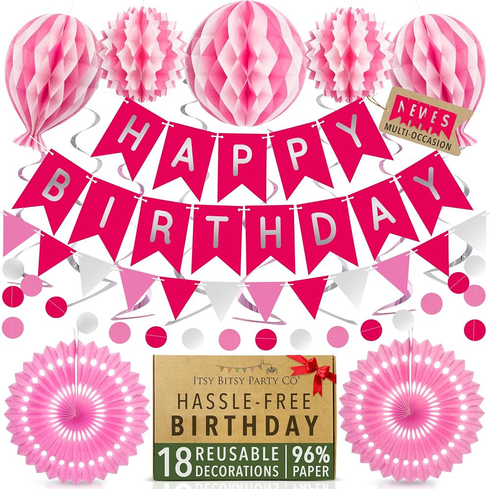 Itsy Bitsy Party Co Premium Reusable Pink Birthday Decoration Set